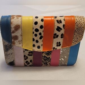 Colorful Patchwork Leather Cowhide Crossbody Bag Boho Western Purse